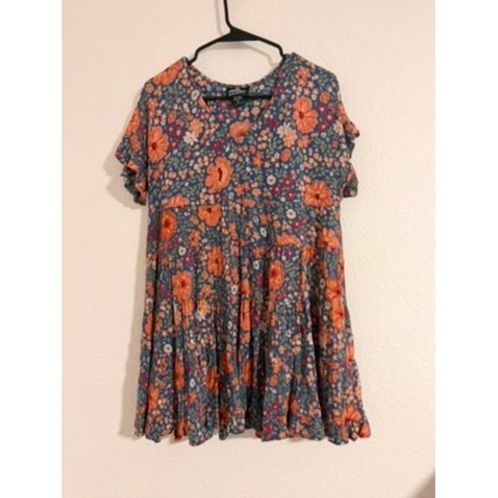 Vintage Angie Floral Tiered Mini Dress M Blue Orange Ruffle Sleeve Babydoll Boho